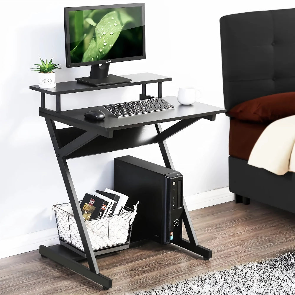 Compact Modern Z-Shaped Computer Desk with Monitor Shelf
